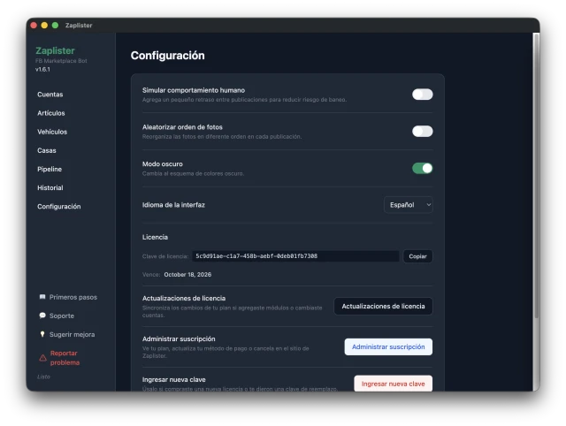 <strong>Configuracion</strong> de la App -- Licencia y Cuenta